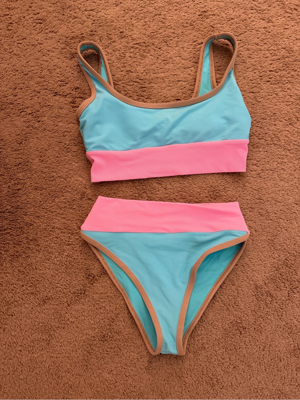 LainSnow Aqua Blue, Pink & Tan Two-Piece Bikini Set